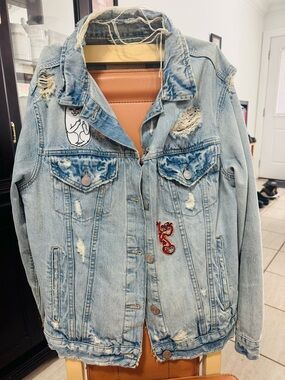 Garage Light Blue Boyfriend Denim Jacket with Distressed Detail